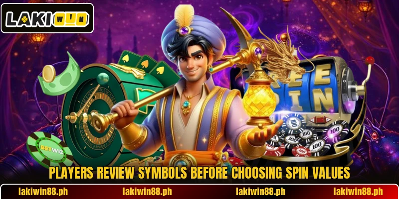 Players review symbols before choosing spin values Players review symbols before choosing spin values