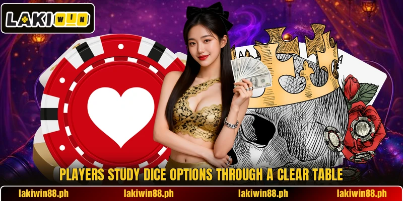 Players study dice options through a clear table Players study dice options through a clear table